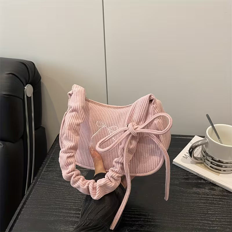 Bolsa de Almacenamiento Rosa de Pana — Cordón y Correa Plisada